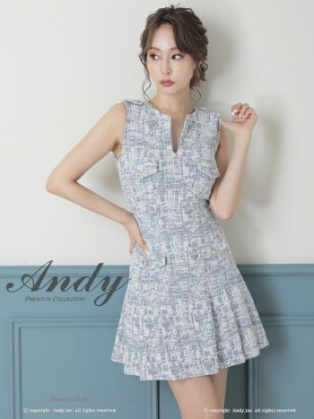 キャバドレス ミニドレス Andy アンディ ツイード プリーツ ストレッチ Aライン パールボタン ミックス柄 スリットネック ノースリーブ フレアミニドレス