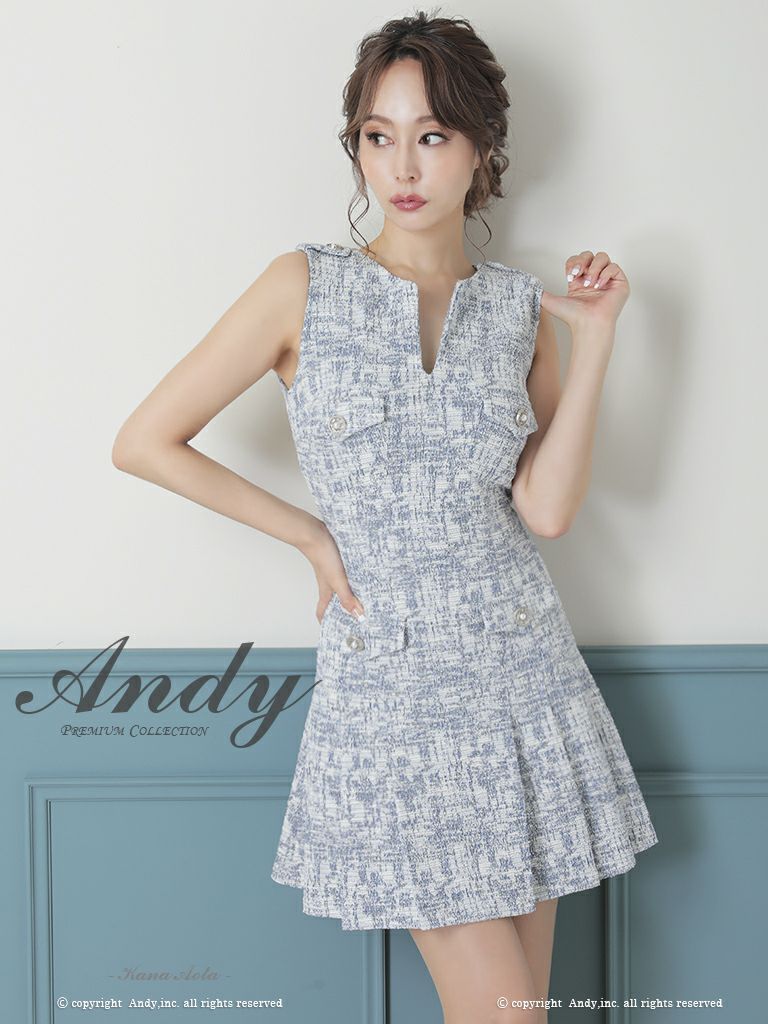 キャバドレス ミニドレス Andy アンディ ツイード プリーツ ストレッチ Aライン パールボタン ミックス柄 スリットネック ノースリーブ フレアミニドレス