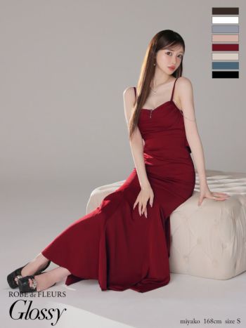 キャバドレス Glossy by ROBE de FLEURS グロッシー セクシー オープンバスト キャミソール サテン ビジュー チェーン マーメイドロングドレス