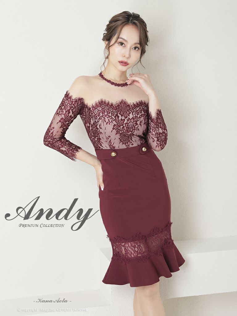 キャバドレス ミディアムドレス Andy アンディ ワンカラー マーメイド 花柄 チョーカー風 シアー 金ボタン オフショル風 袖あり 膝丈ドレス