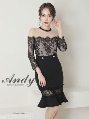 キャバドレス ミディアムドレス Andy アンディ 花柄 チョーカー風 ワンカラー マーメイド シアー 金ボタン オフショル風 袖あり 膝丈ドレス