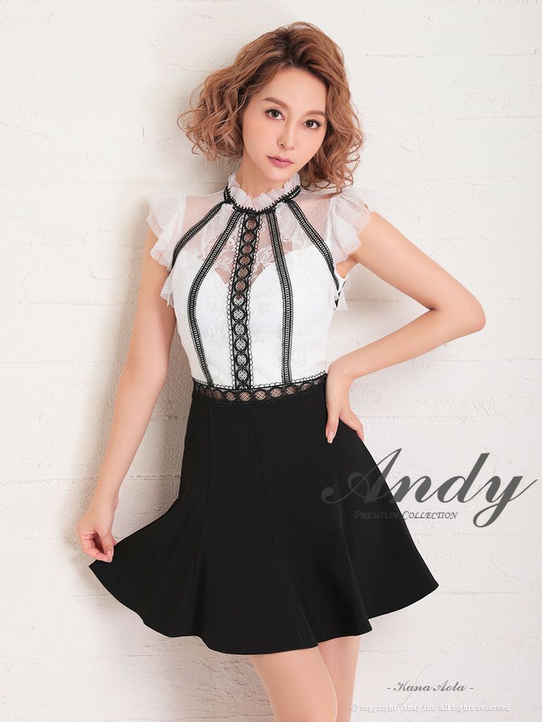 キャバドレス ミニドレス Andy アンディ フリル 花柄 バイカラー レース ノースリーブ Aライン フレアミニドレス