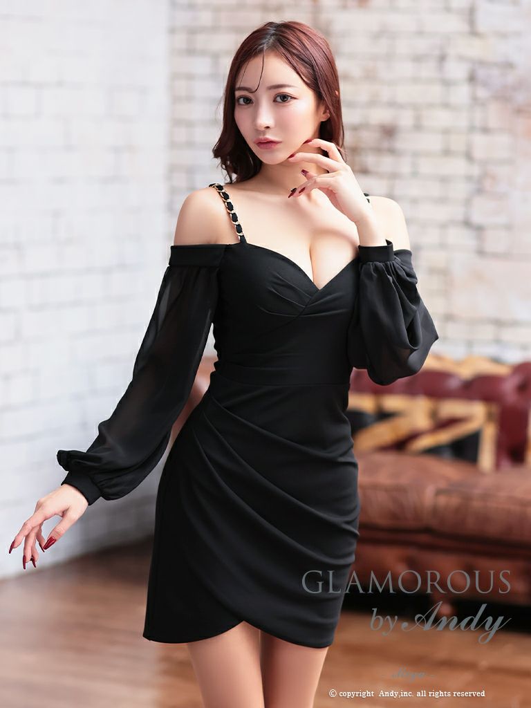 GLAMOROUS/グラマラス】チェーン ストレッチ 長袖 ワンカラー 肩あき  