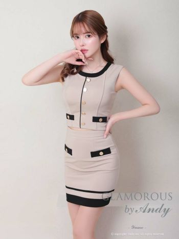 キャバドレス タイトミニドレス GLAMOROUS グラマラス セットアップ バイカラー ノースリーブ 飾りボタン 飾りポケット