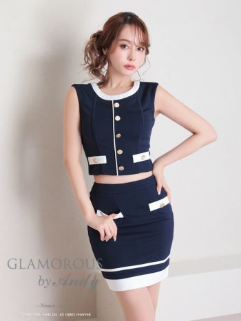 キャバドレス タイトミニドレス GLAMOROUS グラマラス バイカラー セットアップ ノースリーブ 飾りボタン 飾りポケット