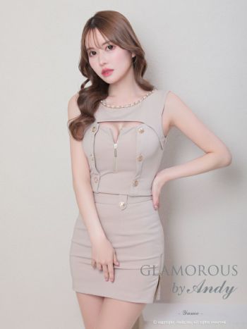 キャバドレス ミニドレス GLAMOROUS グラマラス セットアップ ワンカラー ジップデザイン チェーン ボタン ノースリーブ タイトミニドレス