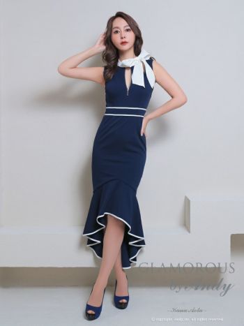キャバドレス ロングテールドレス GLAMOROUS グラマラス ジップデザイン リボン バイカラー ノースリーブ カットデザイン