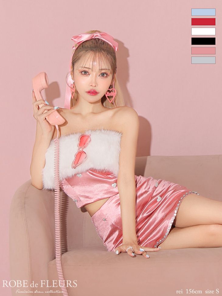 ROBEdeFLEURS/ローブドフルール】ファー付き サテン セットアップ  