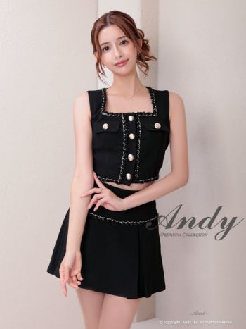 キャバドレス ミニドレス Andy アンディ ボックスプリーツ ツイード フレア ボタン セットアップ ノースリーブ フレアミニドレス