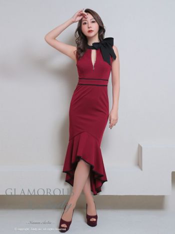 キャバドレス ロングテールドレス GLAMOROUS グラマラス バイカラー ジップデザイン リボン ノースリーブ カットデザイン