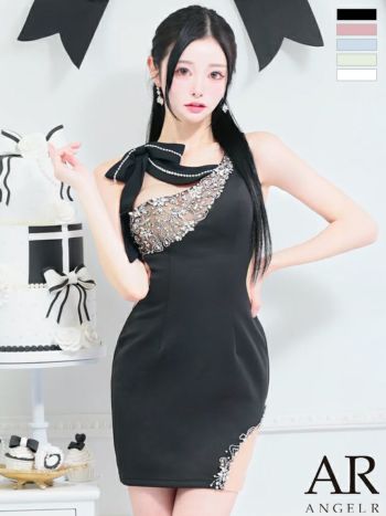 キャバドレス Angel R ビジュー ビッグリボン アシンメトリー くびれ透け ガーリー タイトミニドレス 