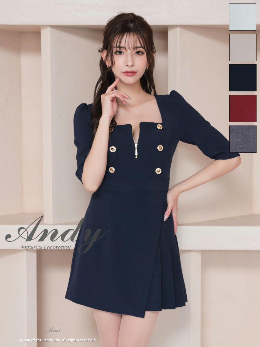 キャバドレス フレアミニドレス Andy アンディ 袖あり プリーツ リボン ジップデザイン 飾りボタン カットデザイン スクエアネック
