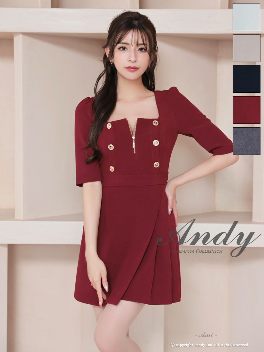 Andy/アンディ】ジップデザイン 袖あり プリーツ リボン 飾りボタン  