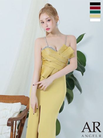 キャバドレス ブランド オープンバスト フロントビジュー サテン スリット セクシー ベアトップ タイトロングドレス