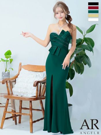 キャバドレス ブランド フロントビジュー サテン スリット セクシー ベアトップ オープンバスト タイトロングドレス