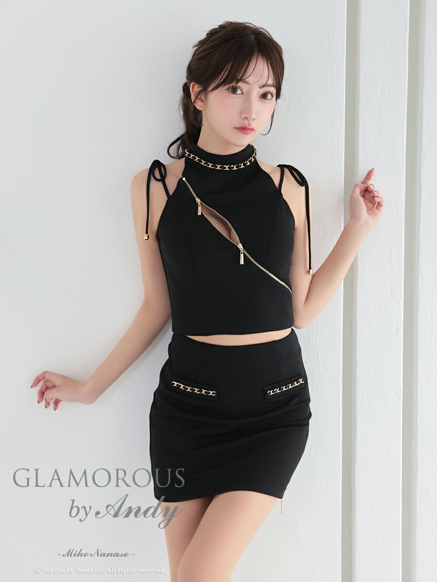 キャバドレス GLAMOROUS グラマラス ノースリーブ 谷間 ジップデザイン チェーン リボン セットアップ タイトミニドレス