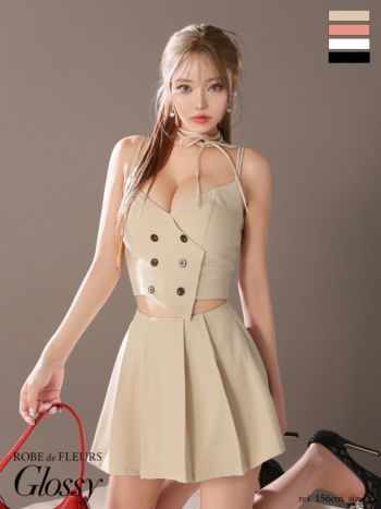 キャバドレス ブランド セクシー オープンバスト チョーカー付き キャミソール ダブルボタン セットアップ プリーツ フレアミニドレス