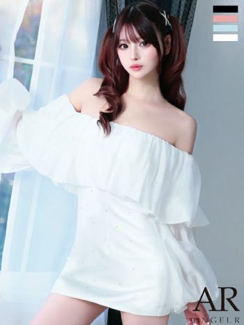キャバドレス Angel R エンジェルアール ガーリー オフショルダー パフ 長袖 フリル ビジュー タイトミニドレス