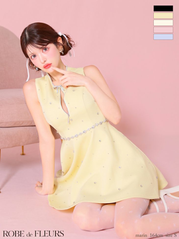 キャバドレス ROBEdeFLEURS ローブドフルール ガーリー ジップデザイン ノースリーブ リボンビジュー サマーツイード フレアミニドレス
