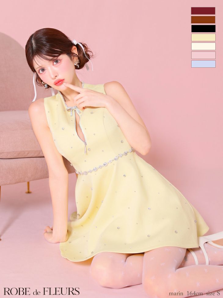 キャバドレス ROBEdeFLEURS ローブドフルール ガーリー ジップデザイン ノースリーブ リボンビジュー サマーツイード フレアミニドレス