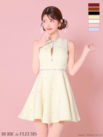 キャバドレス ROBEdeFLEURS ローブドフルール ジップデザイン ノースリーブ リボンビジュー サマーツイード ガーリー フレアミニドレス
