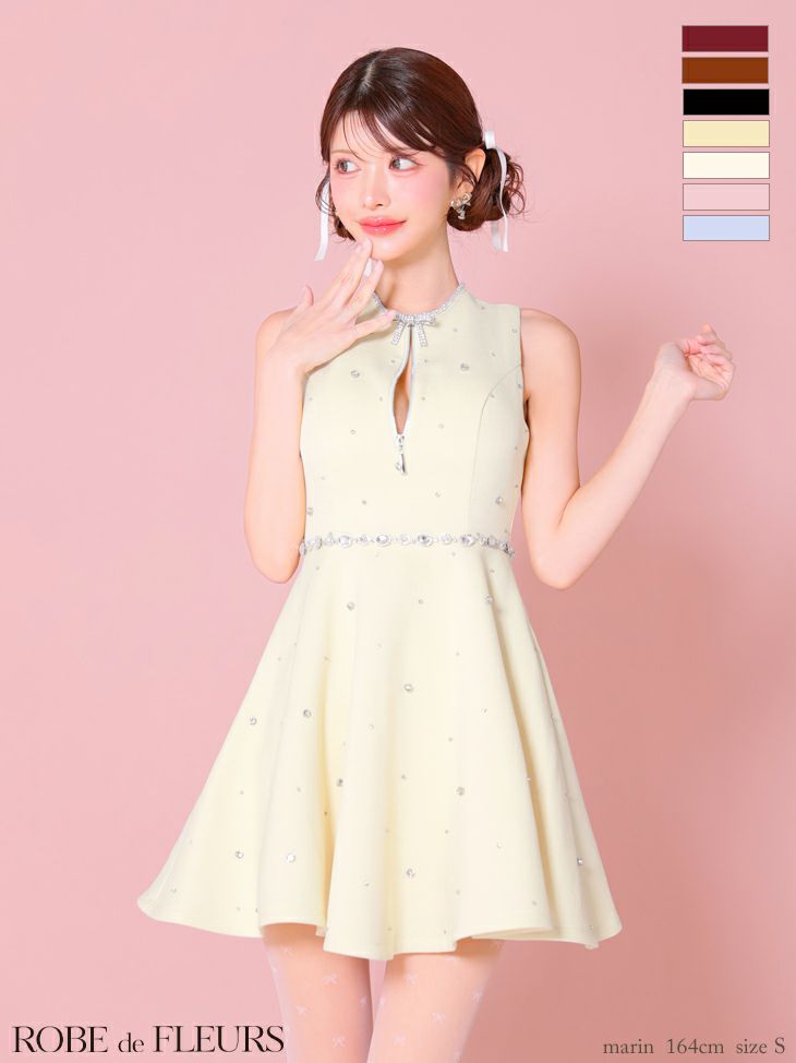 キャバドレス ROBEdeFLEURS ローブドフルール ジップデザイン ノースリーブ リボンビジュー サマーツイード ガーリー フレアミニドレス