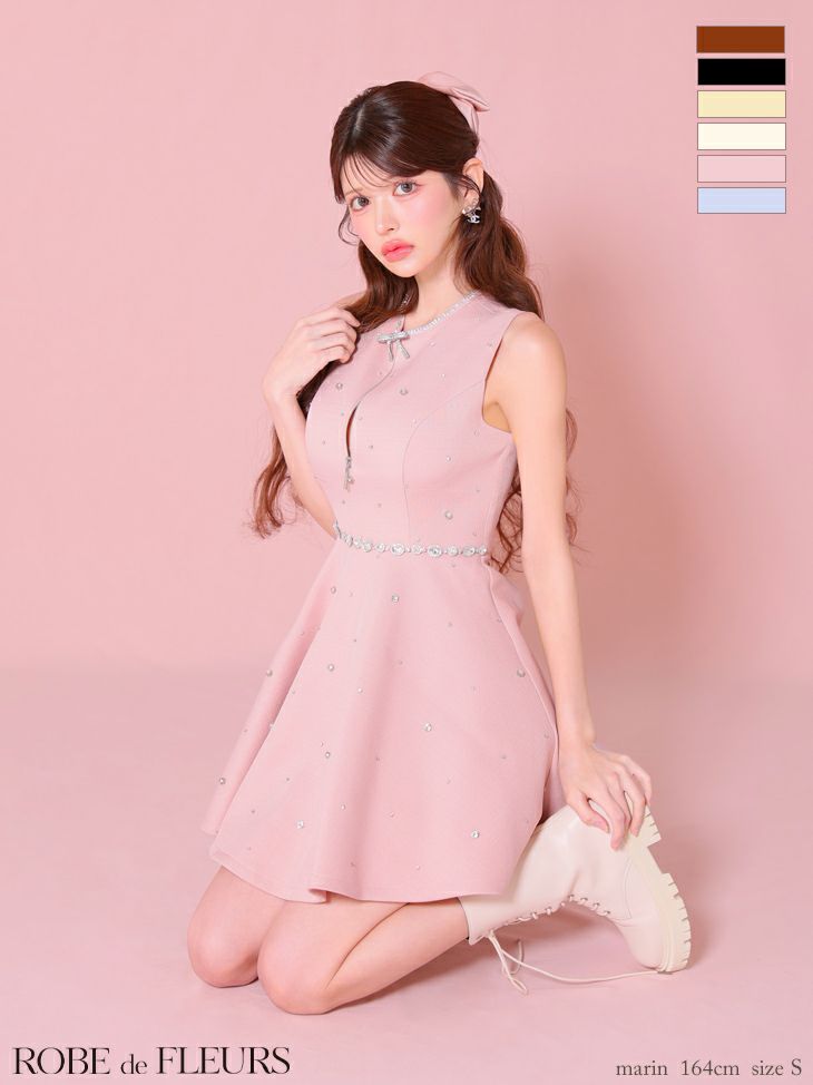 キャバドレス ROBEdeFLEURS ローブドフルール ノースリーブ リボンビジュー サマーツイード ガーリー ジップデザイン フレアミニドレス