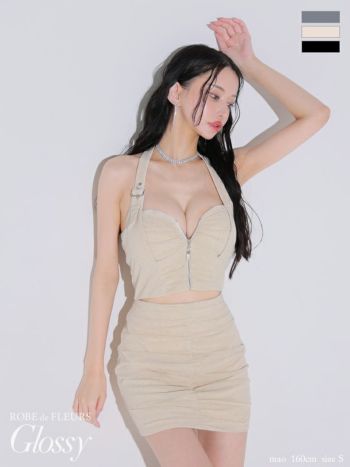 キャバドレス Glossy by ROBE de FLEURS グロッシー ローブドフルール ホルターネック スタッズ チュール ジップデザイン セットアップ タイトミニドレス