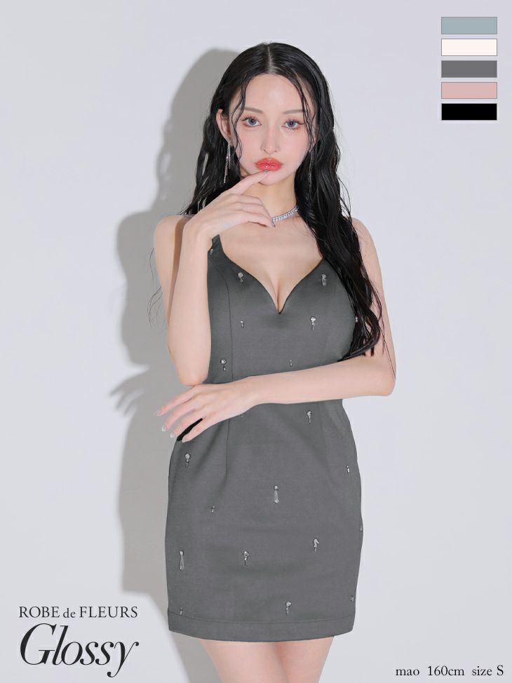キャバドレス Glossy by ROBE de FLEURS グロッシー キャミソール ビジューホルター セクシー オープンバスト タイトミニドレス