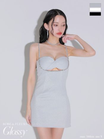 キャバドレス Glossy by ROBE de FLEURS グロッシー オープンバスト キャミソール ラメリブニット ビジュー セクシー タイトミニドレス