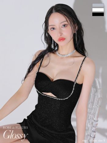 キャバドレス Glossy by ROBE de FLEURS グロッシー キャミソール ラメリブニット ビジュー セクシー オープンバスト タイトミニドレス
