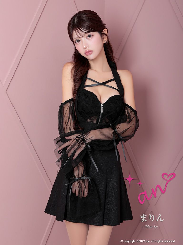 キャバドレス an ガーリー シアースリーブ ホルターネック ジップデザイン バストクロス ネックリボン セットアップ プリーツ フレアミニドレス