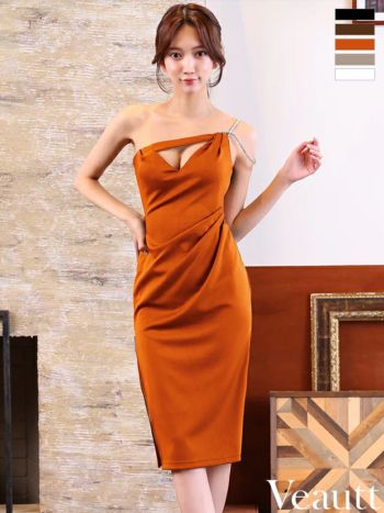 キャバドレス Veautt ヴュート ビジュー バストカット ウエストタック ジップデザイン セクシー ワンショルダー 膝丈ドレス