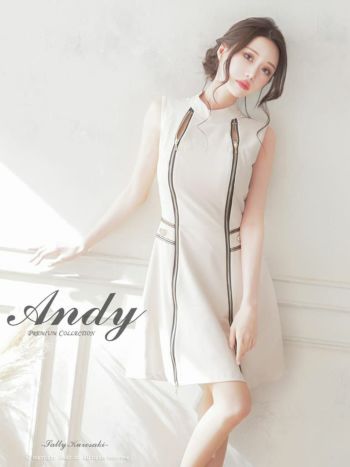 キャバドレス Andy ガーリー ノースリーブ バイカラー ハイネック ダブル ジップデザイン 飾りボタン フレアミニドレス