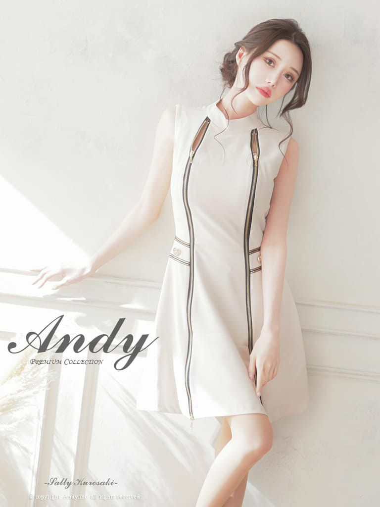 キャバドレス Andy ガーリー ノースリーブ バイカラー ハイネック ダブル ジップデザイン 飾りボタン フレアミニドレス