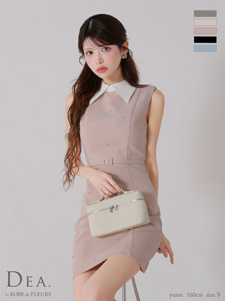 キャバドレス DEA.by ROBE de FLEURS ディア ノースリーブ ベルトデザイン ビジュー シンプル 襟付き タイトミニドレス