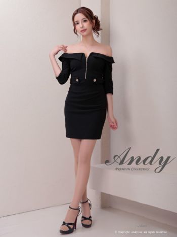 キャバドレス Andy セクシー 袖あり オフショルダー ウエストマーク ボタン ジップデザイン バックカット リボン タイトミニドレス