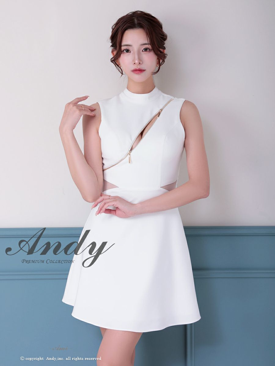 キャバドレス Andy セクシー バックカット リボン ノースリーブ ハイネック くびれ透け ジップデザイン フレアミニドレス