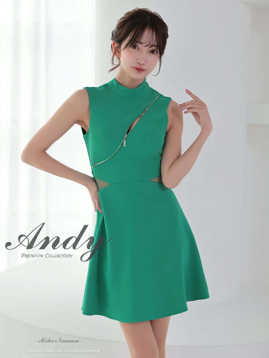 キャバドレス Andy セクシー バックカット リボン ハイネック ノースリーブ くびれ透け ジップデザイン フレアミニドレス