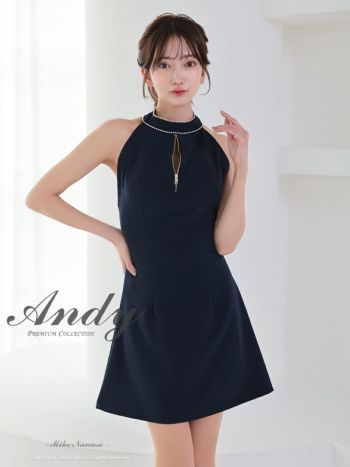 キャバドレス Andy セクシー バックカット リボン ホルターネック ハイネック バイカラー ジップデザイン フレアミニドレス