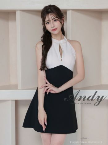 キャバドレス Andy セクシー バックカット リボン ハイネック ホルターネック バイカラー ジップデザイン フレアミニドレス