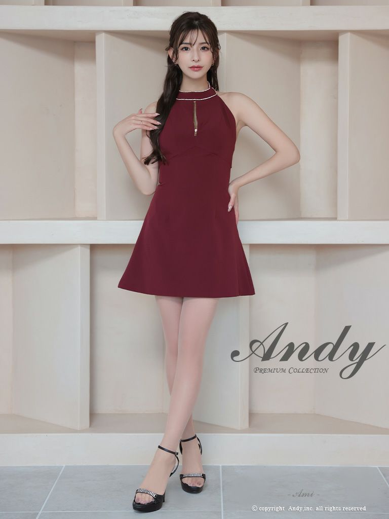 キャバドレス Andy セクシー バックカット リボン ハイネック バイカラー ホルターネック ジップデザイン フレアミニドレス