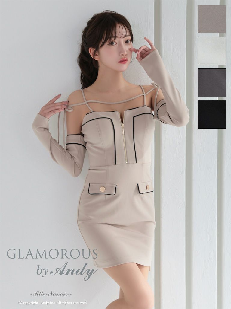 キャバドレス GLAMOROUS セクシー 肩あき 長袖 リボン ポケット バイカラー ジップデザイン タイトミニドレス