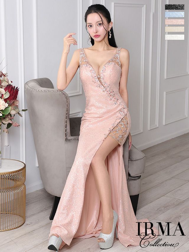 キャバドレス IRMA イルマ セクシー オープンバスト ノースリーブ スリット ビジュー スパンコール ラメニット タイトロングドレス