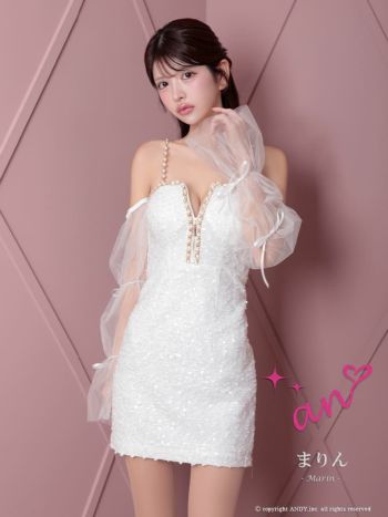 キャバドレス an ガーリー ジップデザイン 肩あき 長袖 スパンコール シフォンスリーブ リボン チェーン タイトミニドレス