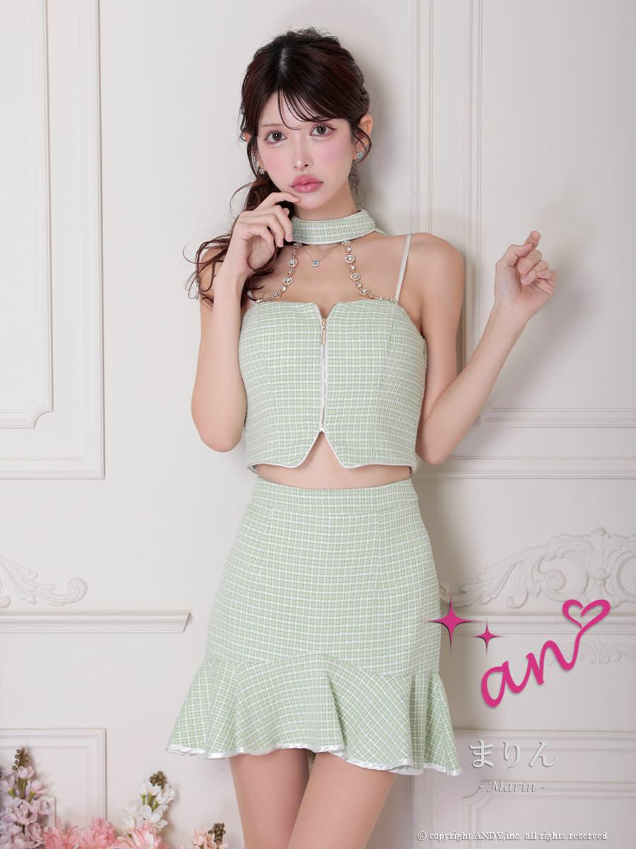 キャバドレス an ガーリー ホルターネック セットアップ ジップデザイン ツイード チェーン フリル タイトミニドレス