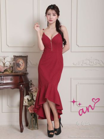 キャバドレス an ガーリー ジップデザイン キャミソール 裾フリル フラワー チャーム ドット柄 ロングテールドレス