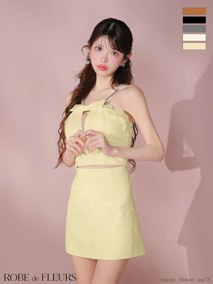 キャバドレス ROBEdeFLEURS ローブドフルール セットアップ バストリボン キャミソール ガーリー ストーン タイトミニドレス 