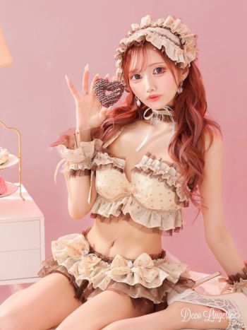 勝負下着 Deco Lingerie デコランジェリー フリル リボン ハート柄 ガラスビジュー ガーリー ランジェリー 6点セット