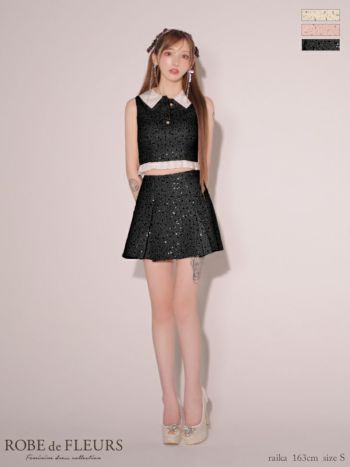 キャバドレス ROBEdeFLEURS ローブドフルール 襟つき ツイード プリーツ ガーリー ノースリーブ セットアップ スパンコール フレアミニドレス 